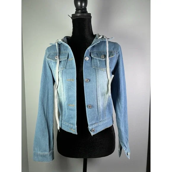 JZNZ Womens Medium Lightwashed Denim Jean Jacket Detachable Hood Distressed Blue - Picture 1 of 7